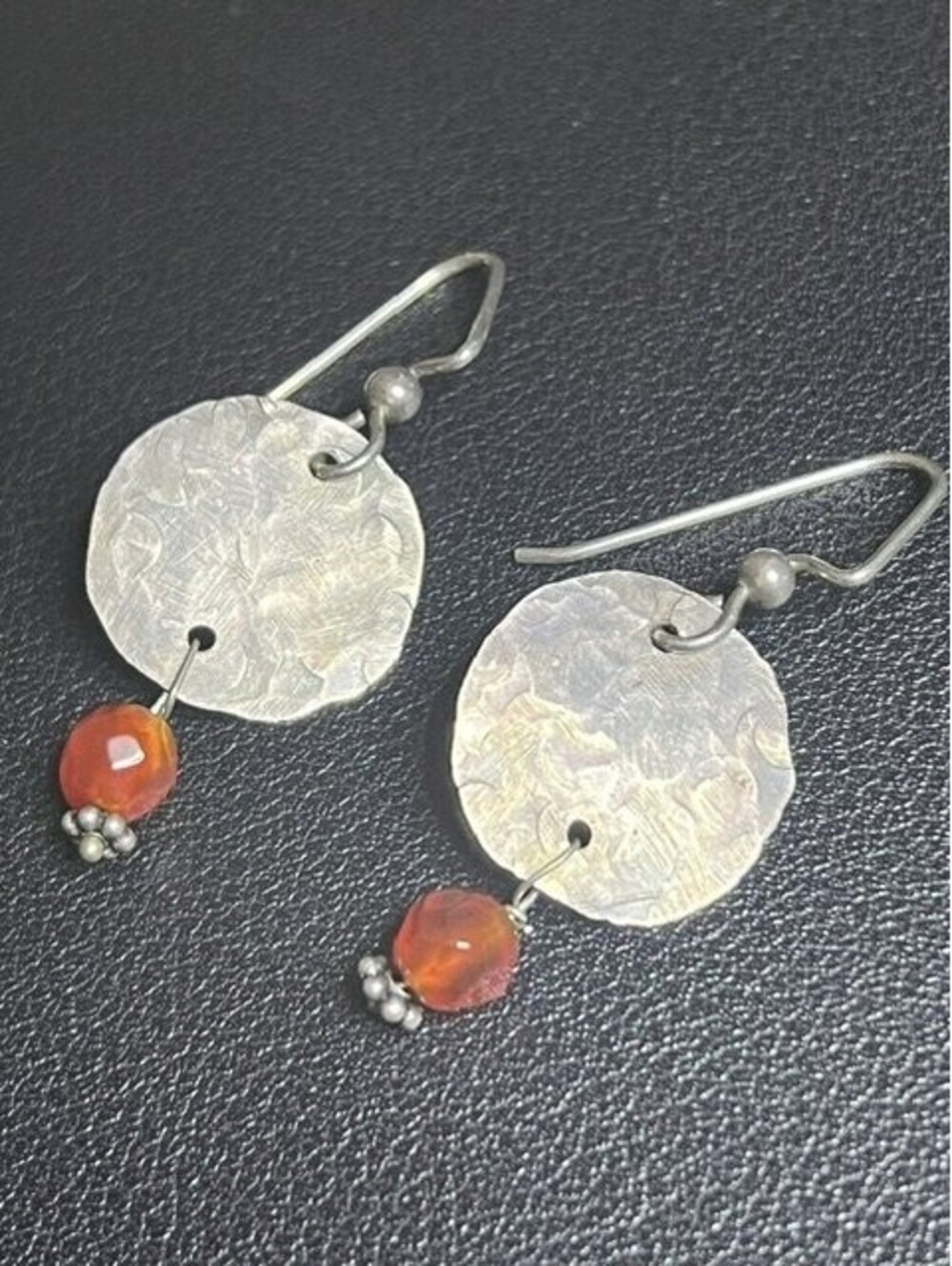 B7421 Artisan Sterling Silver *Artisan Hammered Carnelian Dangle Earrings 1.75"